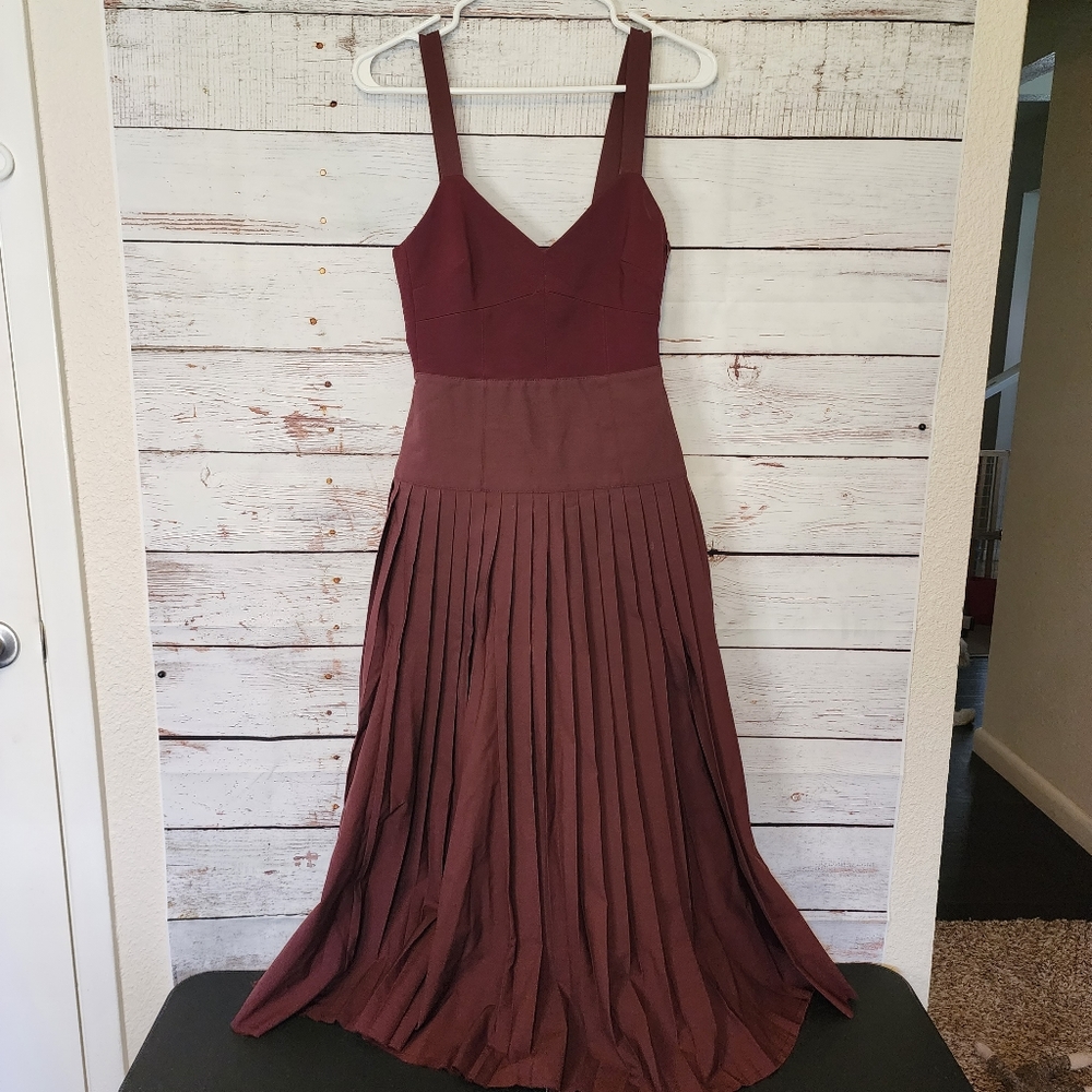 La Ligne Burgundy Pleated Zelda Midi Full Skirt Dress...size 0
